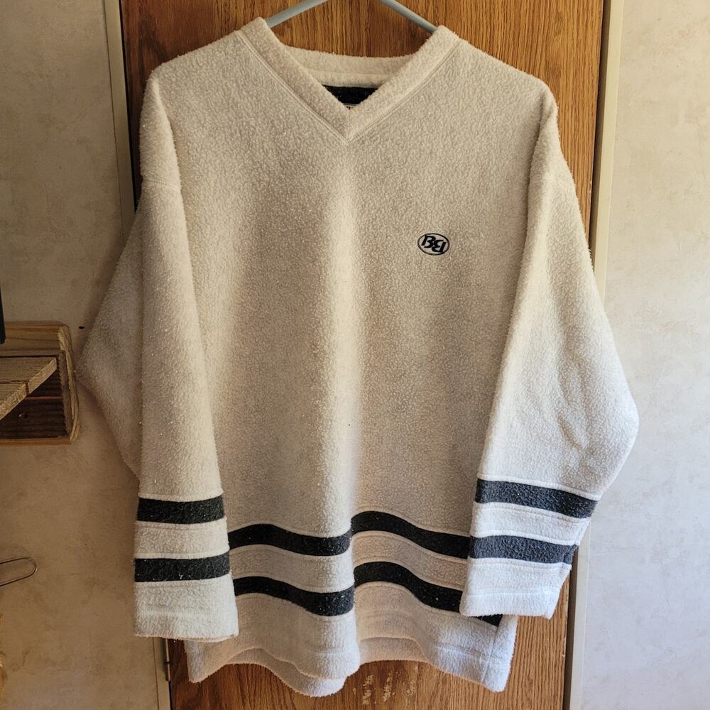 Vintage 90s Bugle Boy Mens XL Cream Plush V Neck Sweater Varsity Preppy Logo